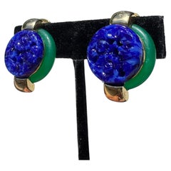 Kenneth Jay Lane Lapis Jade Button Clip on Earrings