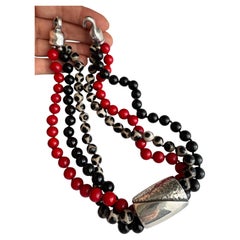 Three Strand Statement Necklace Coral, Onyx, Leopard Agate