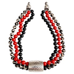 Three Strand Statement Necklace Coral, Onyx, Leopard Agate