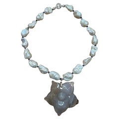 Large Baroque Pearl Necklace With Blue Sapphire & Agat Flower Pendant