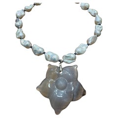 Large Baroque Pearl Necklace With Blue Sapphire & Agat Flower Pendant