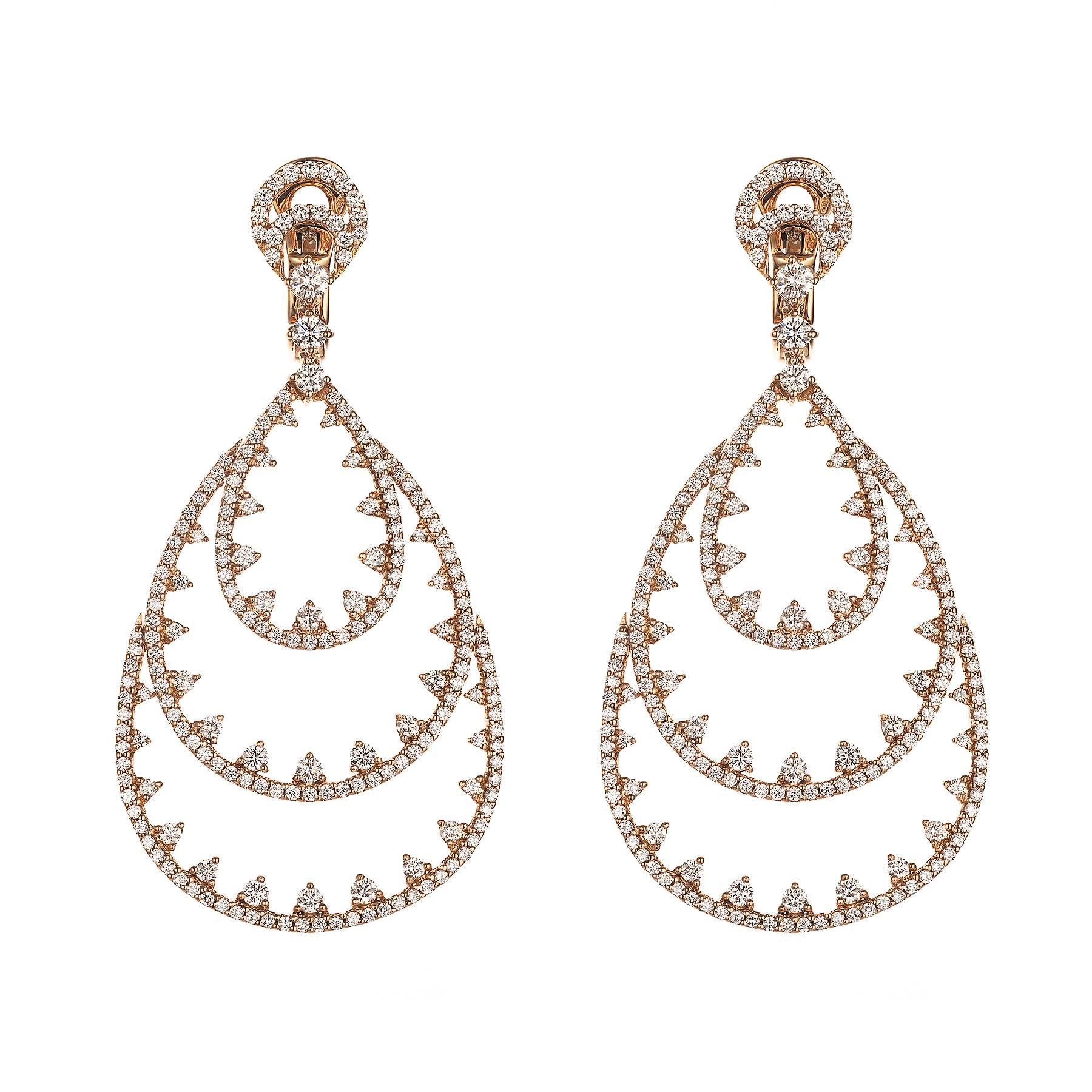 Magnificent Three-Tiered Diamond Rose Gold Chandelier Earrings For Sale