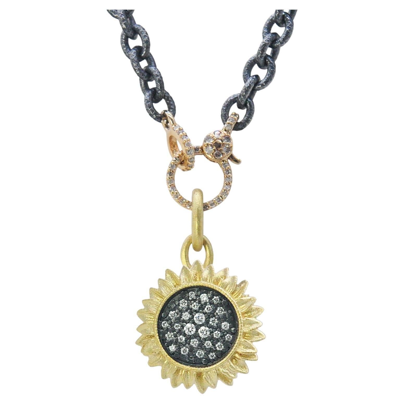 Sunflower Necklace with Pave Set Diamonds in Oxidized Silver with Toggle, Medium For Sale