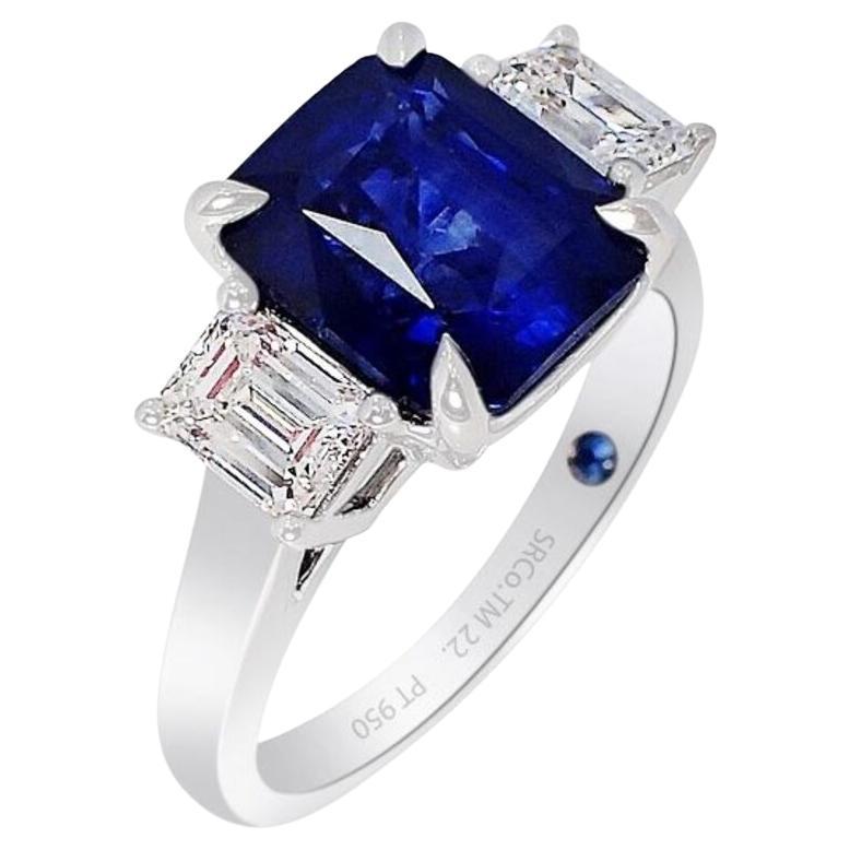 GIA Certified 3 Stone Sapphire Ring, 4.22ct Platinum 950 GIA Certified X 3 For Sale