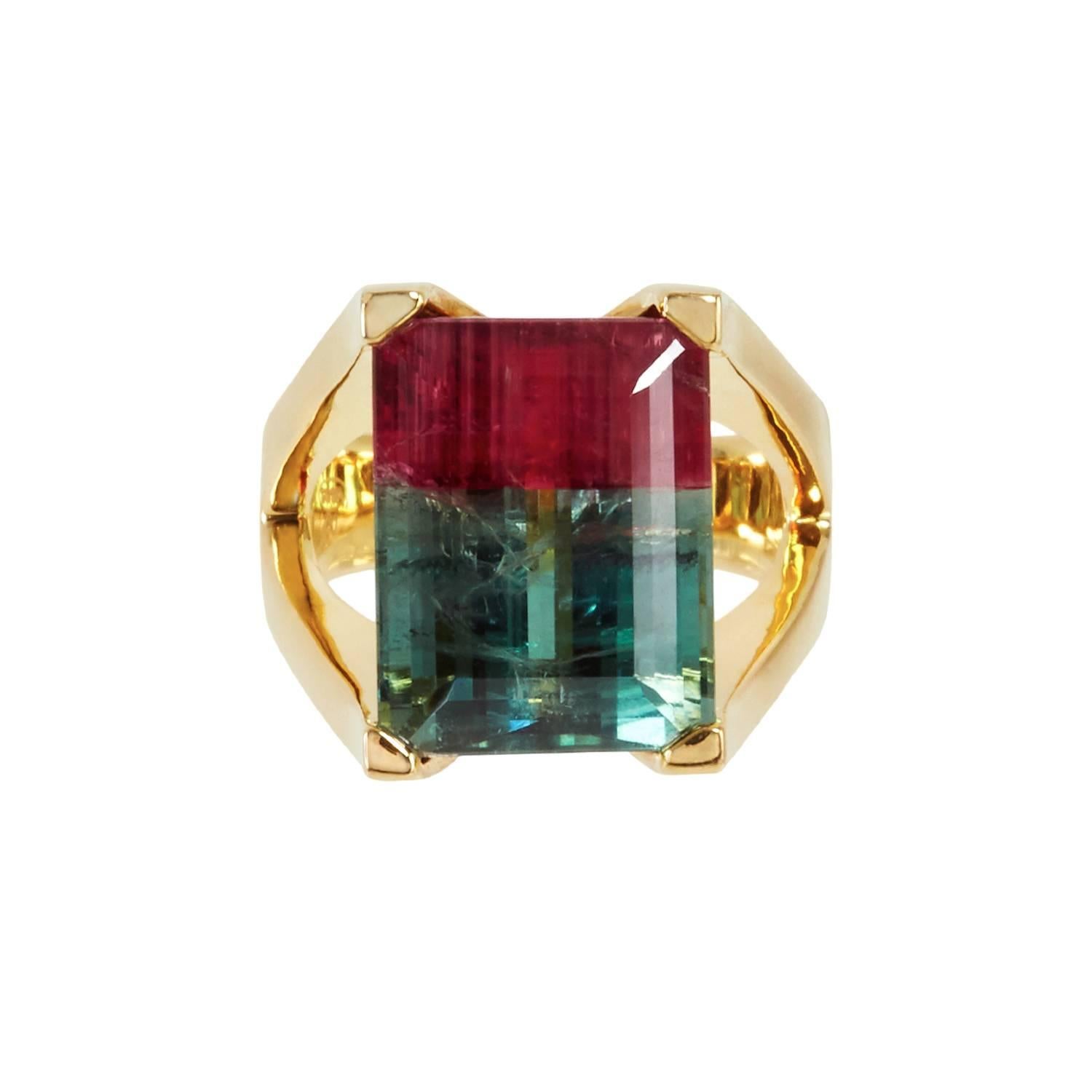 Inspired by the Chinese traditional Mahjong, this 12.04 carat bi-colour pink and green tourmaline is truly one of a kind, handmade in 18K yellow gold.

Gemstone descriptions:
1 Watermelon tourmaline 12.04 ct

IGI Report no. M1H38036 (for