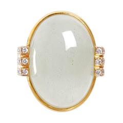 Natural Sea Foam Oval Cabochon Beryl Diamond Gold Cocktail Ring