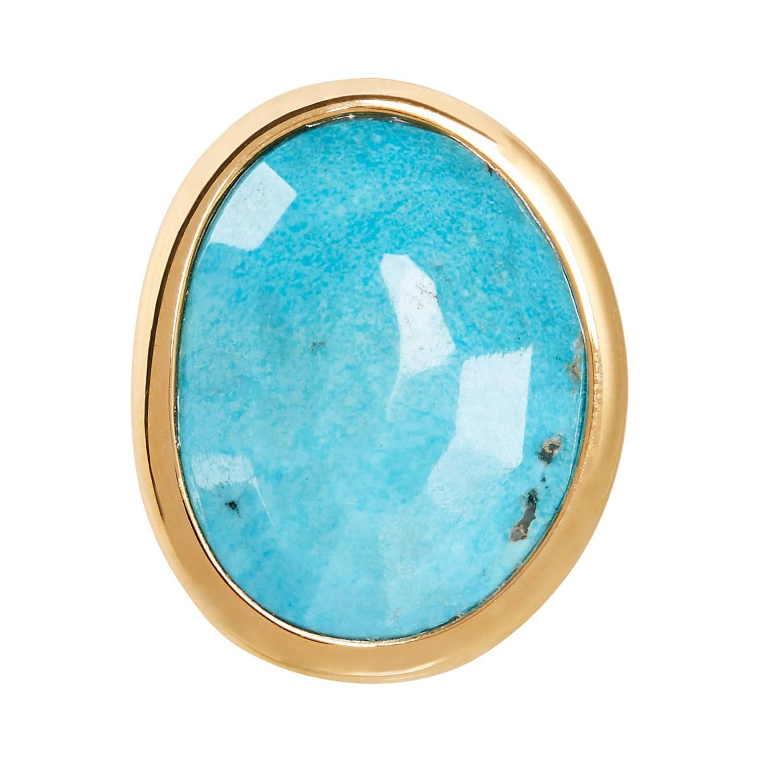 This hand faceted turquoise ring in 18 Carat yellow gold will go with anything in your closet, whether it is a white top with a pair of jeans or a more sophisticated look. 

Matching turquoise pendant available.  

Gemstone information:
1 untreated