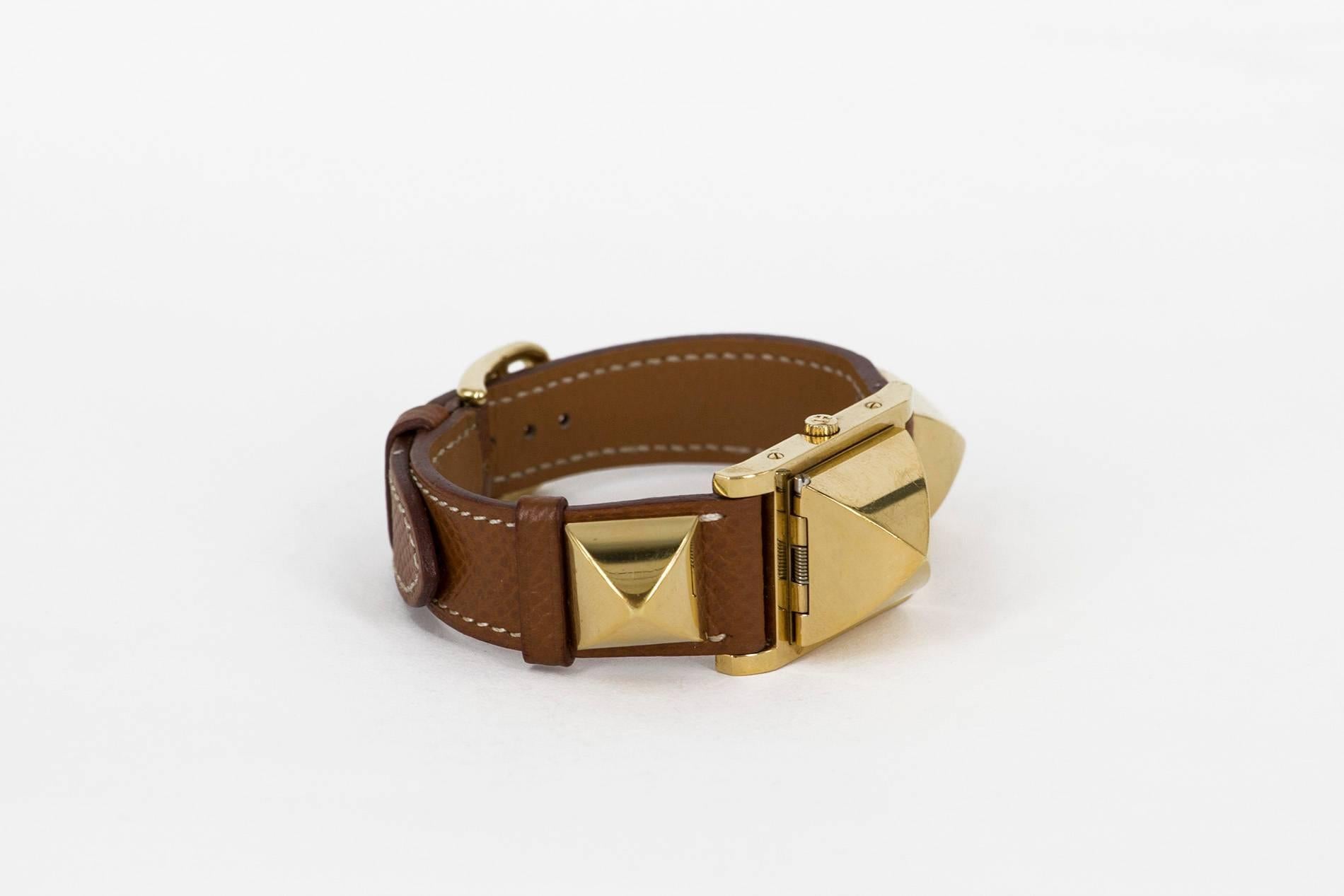 Hermes Gold-Plated Médor Brown Leather Quartz Wristwatch, circa 1995 In Good Condition In Milan, IT