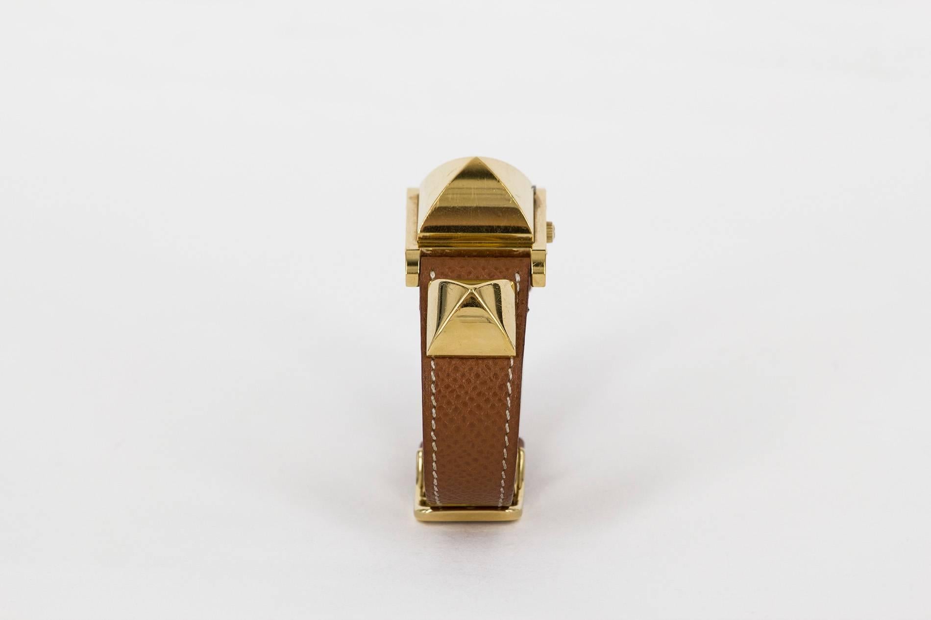Hermes Gold-Plated Médor Brown Leather Quartz Wristwatch, circa 1995 1