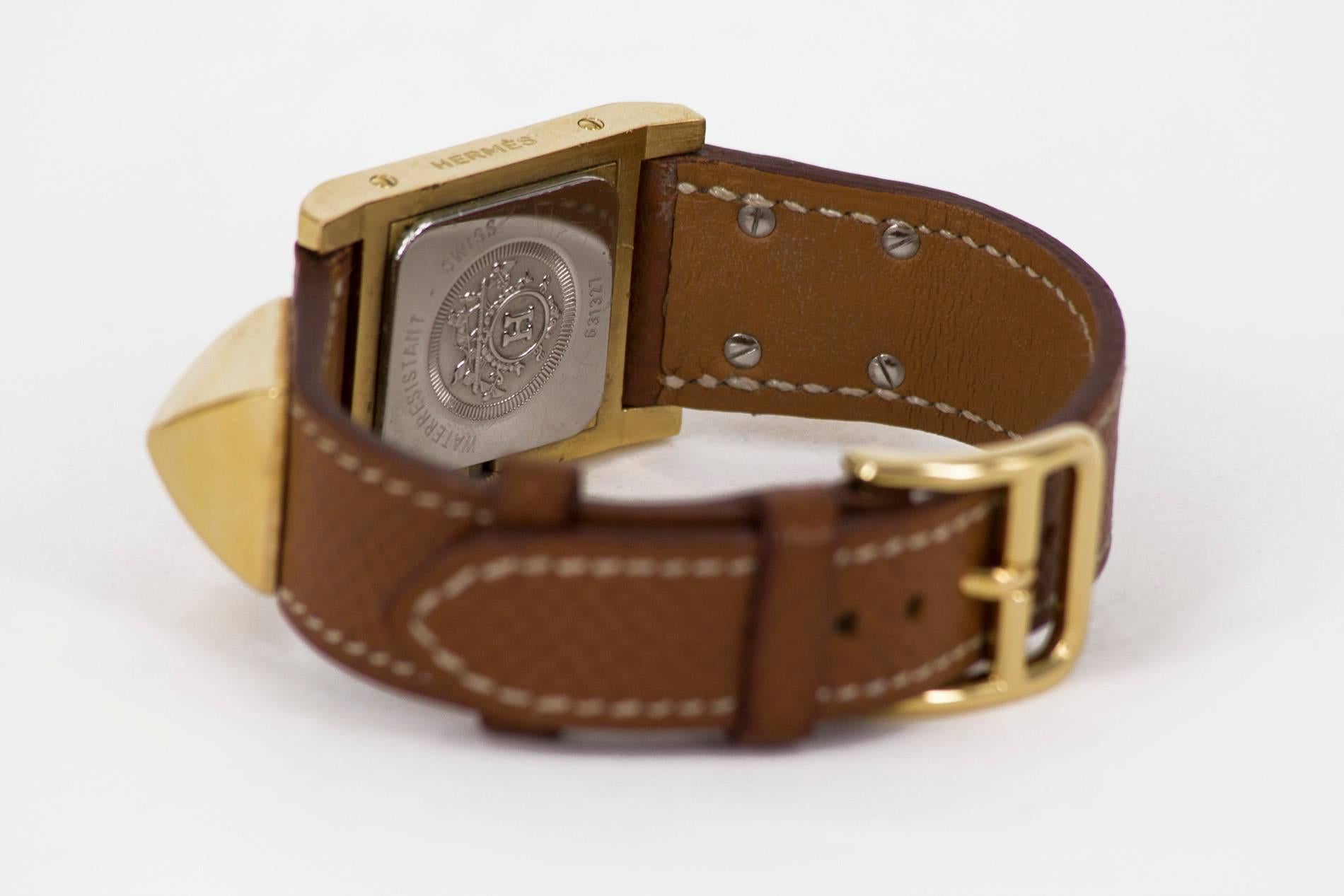 Hermes Gold-Plated Médor Brown Leather Quartz Wristwatch, circa 1995 3