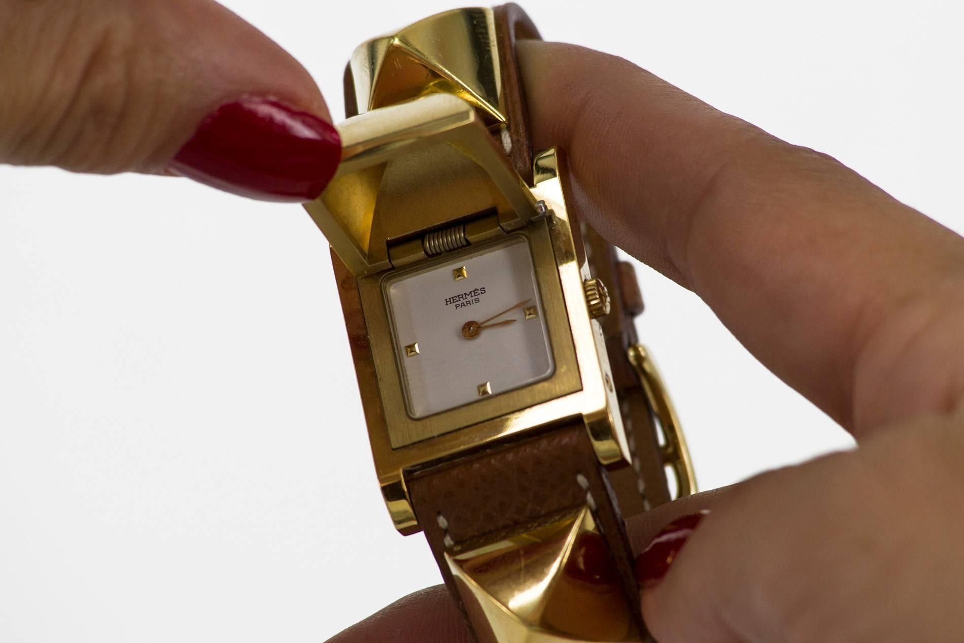 Women's or Men's Hermes Gold-Plated Médor Brown Leather Quartz Wristwatch, circa 1995