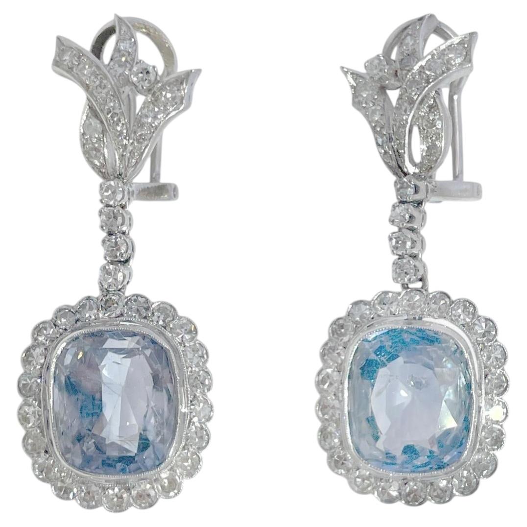 Vintage 10k White Gold Ceylon Sapphire and Diamond Dangle Earrings For Sale