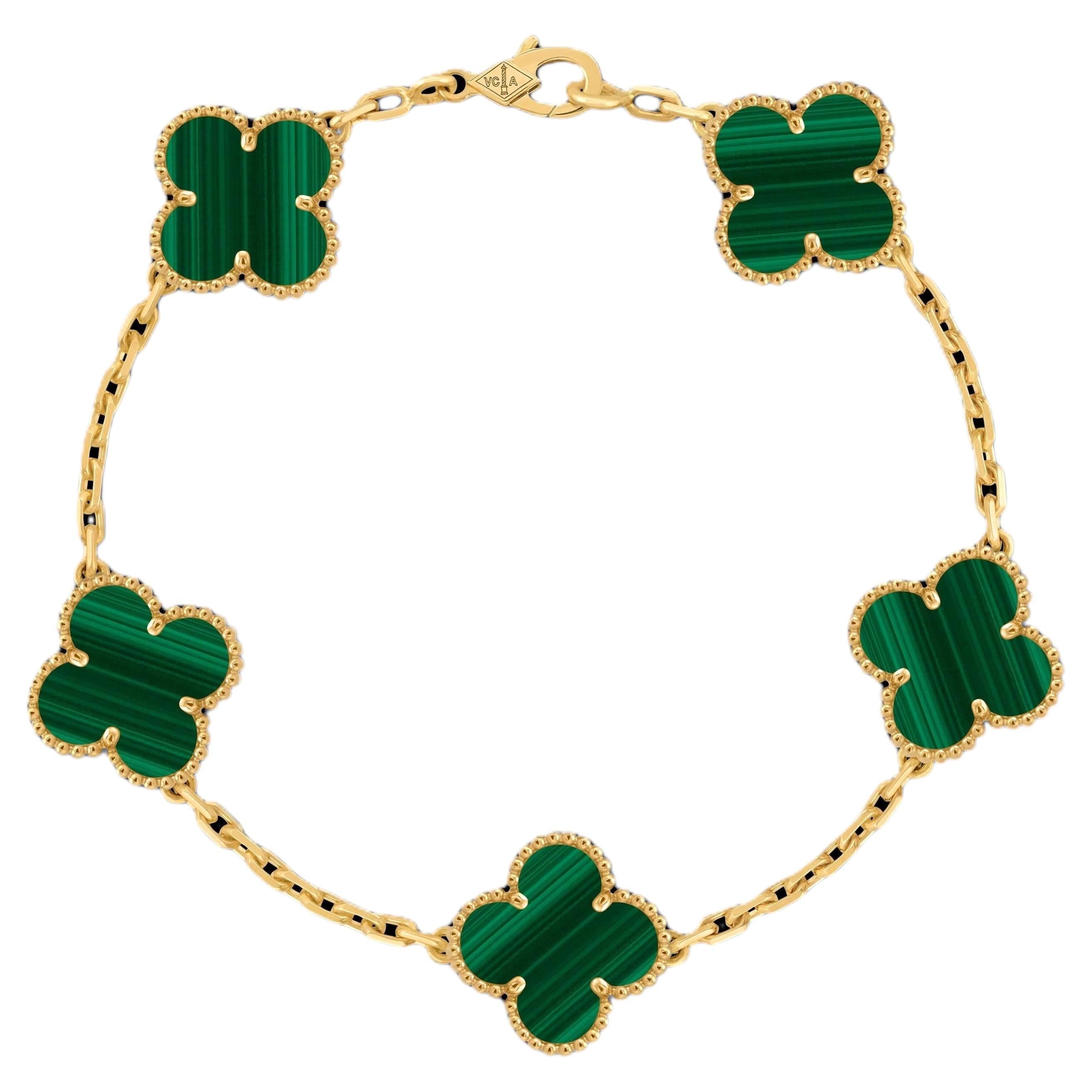 VCA 18k Yellow Gold Malachite Alhambra Bracelet For Sale