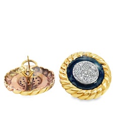 14K Yellow Gold Twisted Rope & Black Enamel Earrings with Diamond Cluster