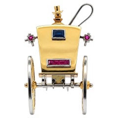 Vintage 1950s 18K Yellow Gold Carriage Dress Clip Brooch with Sapphires & Ruby