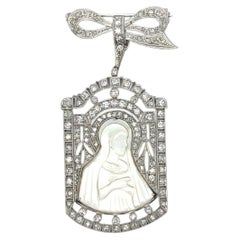 Vintage 18K Gold Hand-Carved Mother of Pearl Virgin Mary Diamond Pendant/Brooch