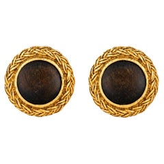 Chanel Vintage 1970s Gold-Plated & Carved Wood Clip-On Earrings