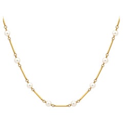 Vintage 14K-18K Yellow Gold Bar Stick Link Pearl Opera Necklace 34'long