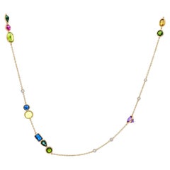 14K Gold Multi-Color Sapphire & Diamond Station Necklace