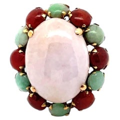 Antique 14K Gold Lavender Jadeite, Green Jade & Carnelian Ring