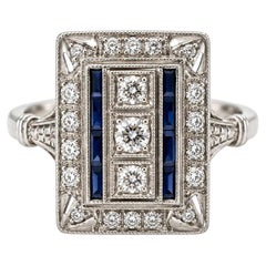 Art Deco Platinum Cocktail Ring with Blue Sapphire and Diamonds