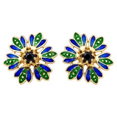 Boucles d'oreilles vintage en or jaune 14 carats, ornées d'un saphir bleu et d'une fleur en émail bleu-vert