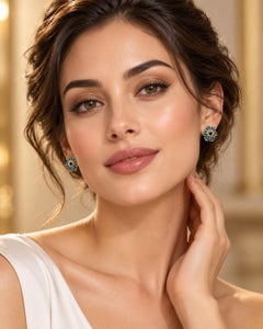 Boucles d'oreilles vintage en or jaune 14 carats, ornées d'un saphir bleu et d'une fleur en émail bleu-vert