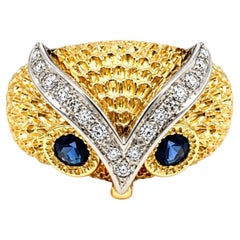 Estate 14K Two-Tone Gold Sapphire Eyes & Diamond Owl Design Ring