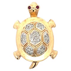Vintage 14K Yellow Gold Diamond Figural Turtle Brooch Pin Pendant