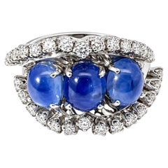 Vintage 14K White Gold 3-Stone Star Sapphire & Diamond Cocktail Ring