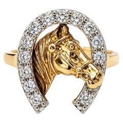 Vintage Truite Yellow Gold Horseshoe Horse Head Diamond Ring