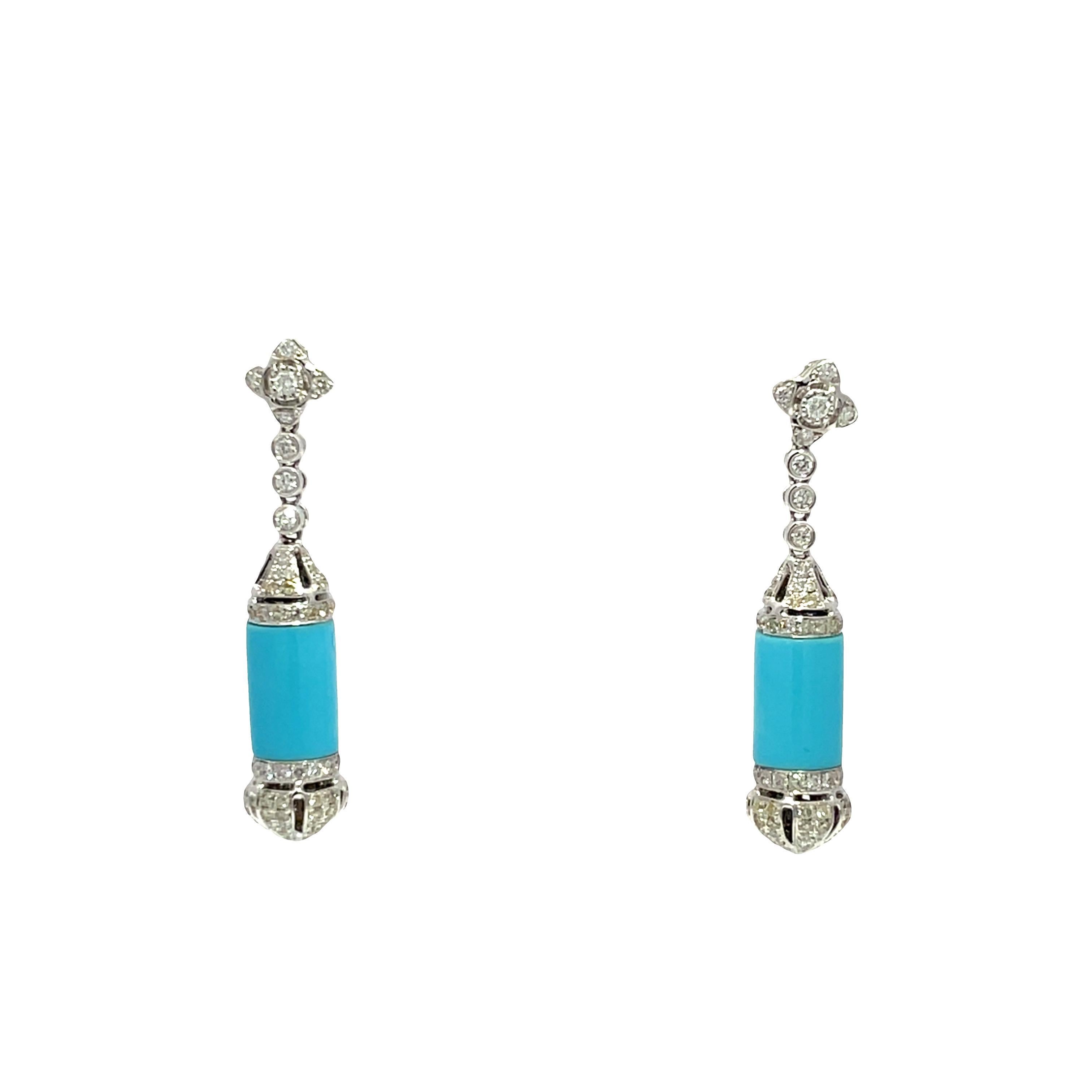 Moderne Boucles d'oreilles en or blanc 18K avec diamants et turquoise en vente