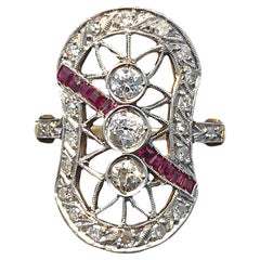 Solid Yellow Gold platinum 3 Stone Diamond and Ruby Art Deco Ring