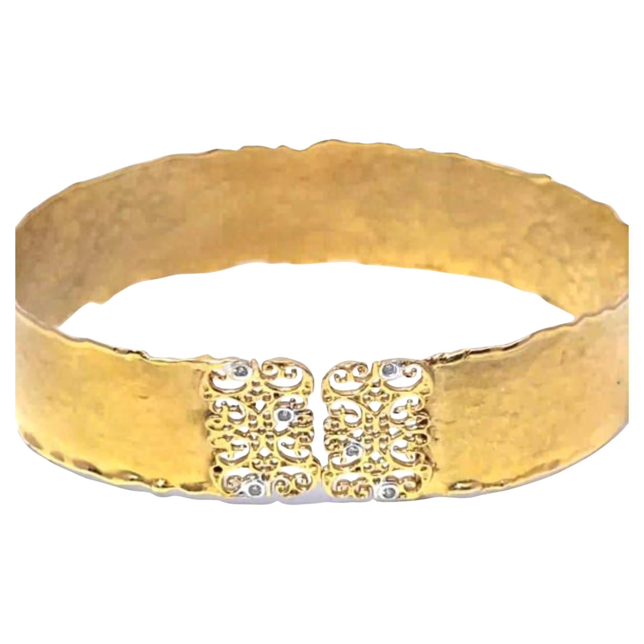 Vintage Solid Yellow Gold Diamond hammered finish Filigree Cuff Bracelet For Sale