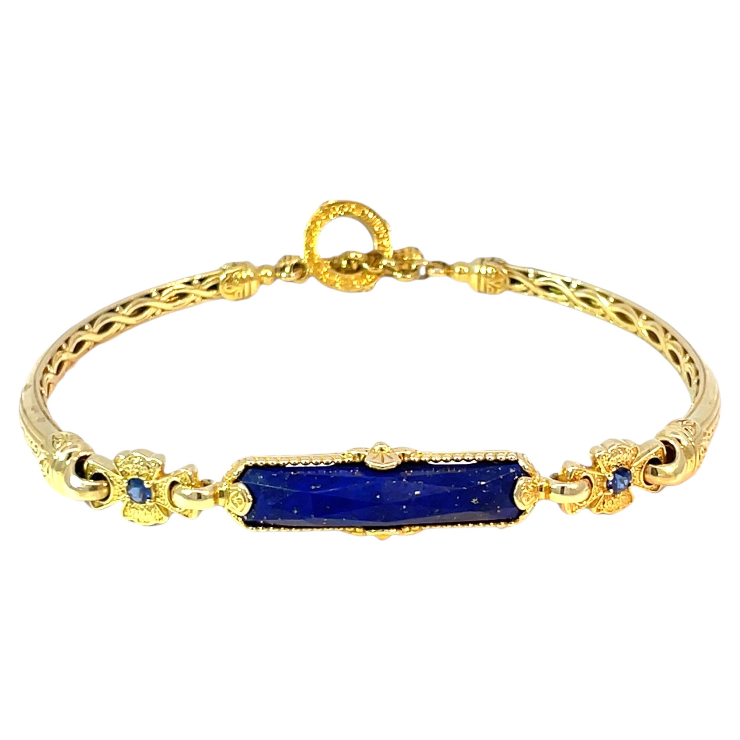 Konstantino 18k Yellow Gold Lapis Lazuli & Sapphire Engraved Toggle Bracelet