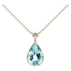 18K Yellow Gold Pear Aquamarine & GIA Diamond Necklace