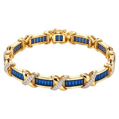 14K Yellow Gold Blue Sapphire & Diamond X-Link Tennis Bracelet