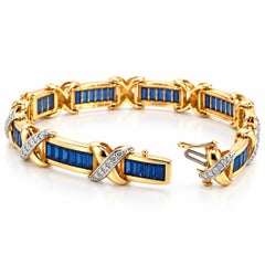 14K Yellow Gold Blue Sapphire & Diamond X-Link Tennis Bracelet