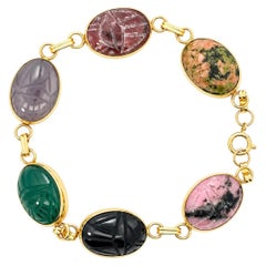Vintage 14K Yellow Gold Multi-Gemstone Carved Scarab Link Bracelet