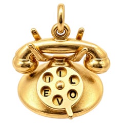 Vintage 14K Yellow Gold Rotary Telephone Charm "I Love You" Enamel Dial