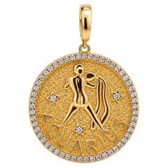 14K Yellow Gold Aquarius Zodiac Sign Diamond Studded Pendant