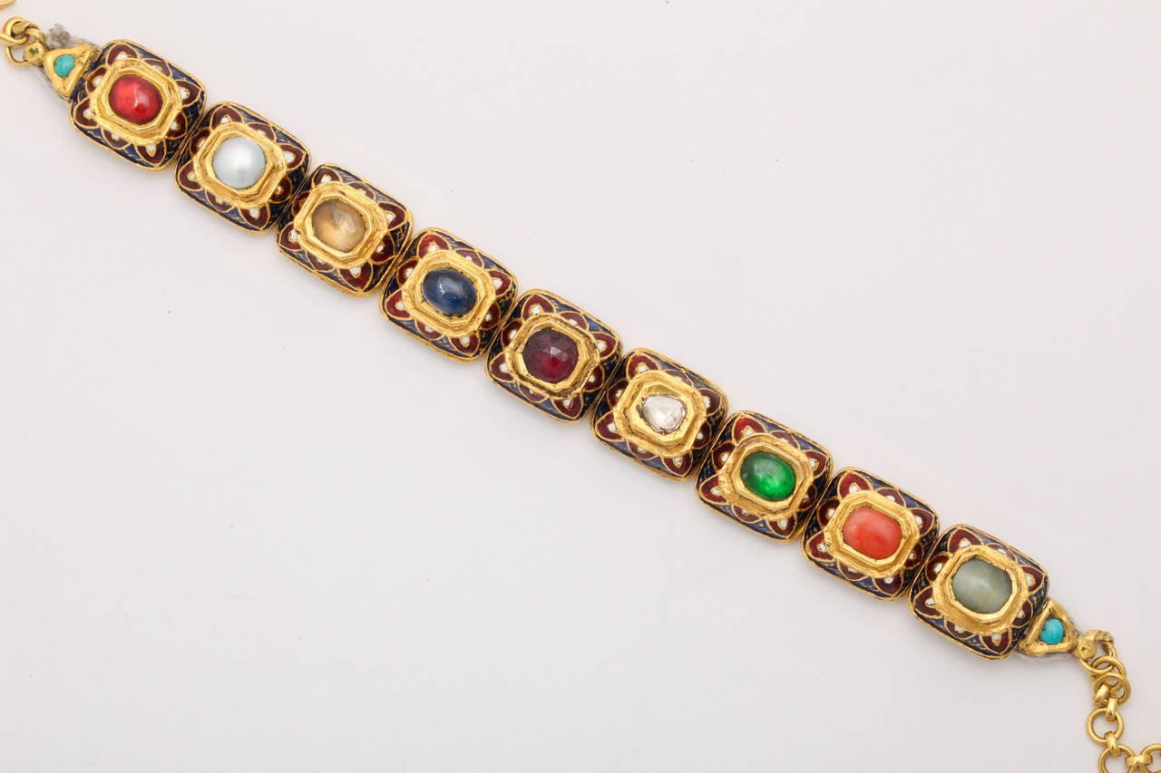 Anglo-Indian Nine Planet Gem Set Enamel Gold Bead Bracelet