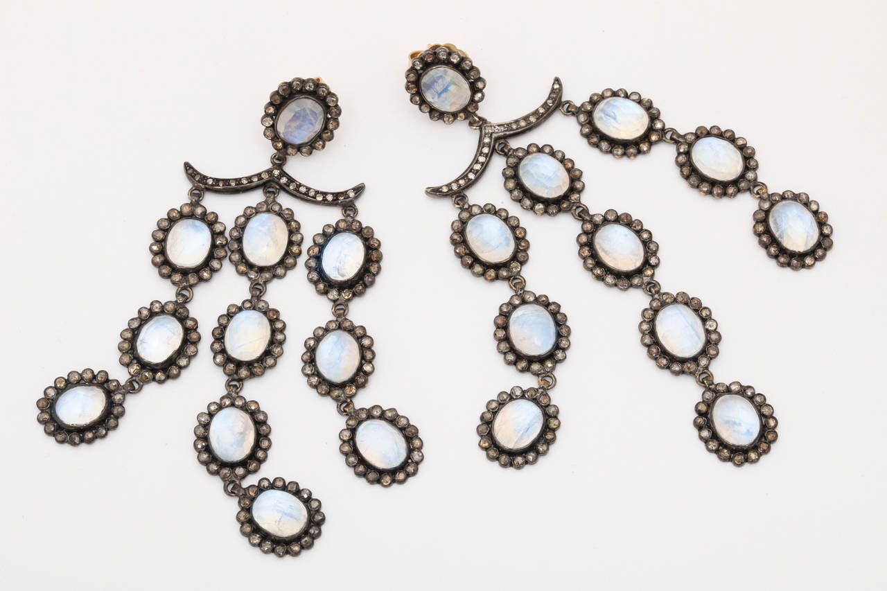 Contemporary Moonstone Diamond Sterling Silver Waterfall Earrings