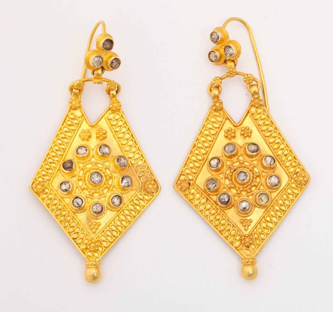 Anglo-Indian Rose Cut Diamond gold shield Earrings For Sale