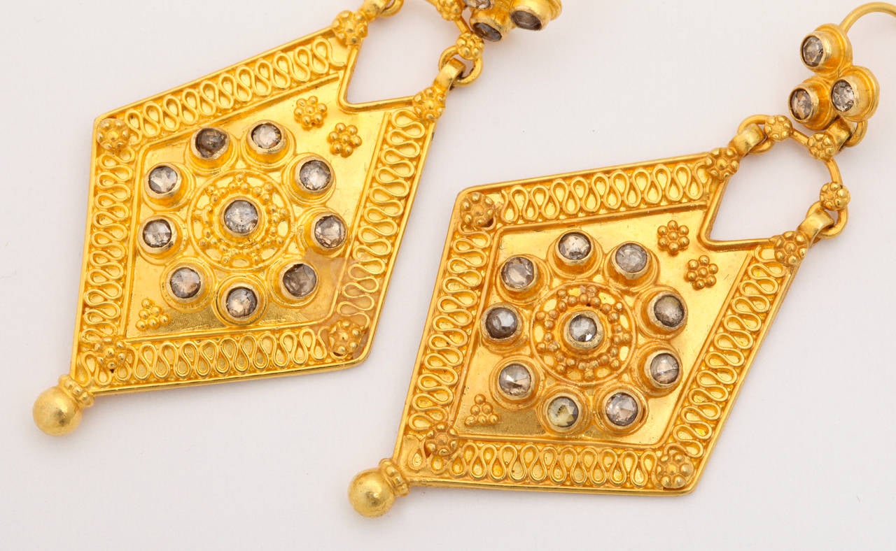 Rose Cut Diamond gold shield Earrings For Sale 1