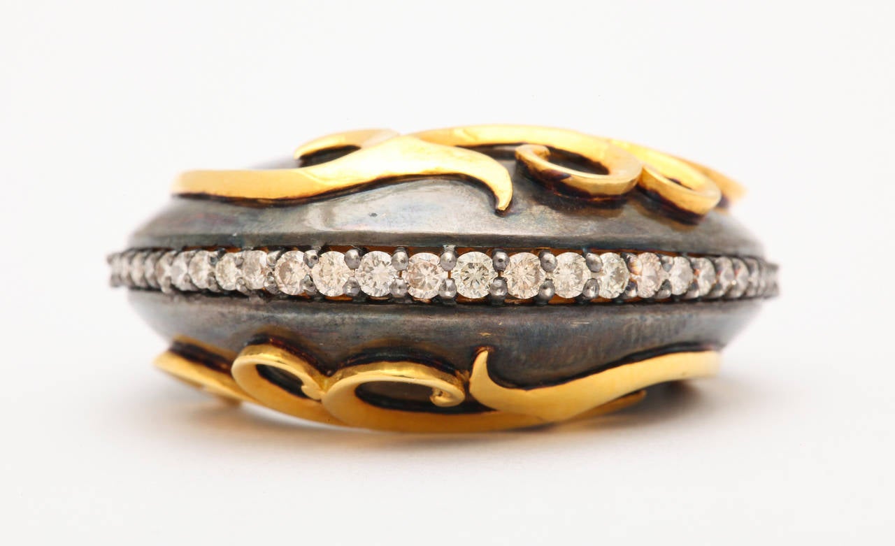 Contemporary Diamond Silver Gold Mermaid Wave Ring For Sale