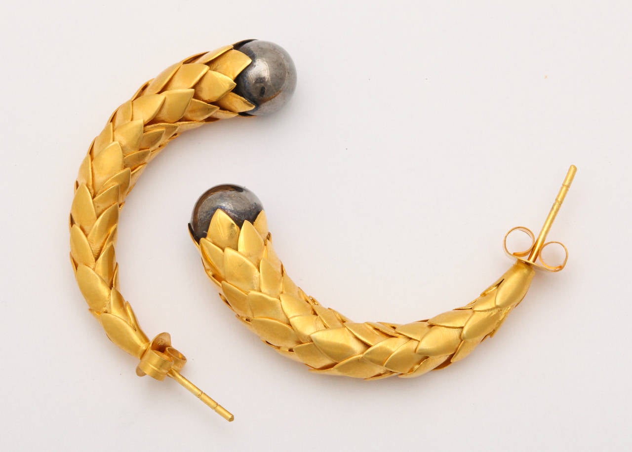 Contemporary Rebecca Koven Gold Silver Feather Earrings For Sale