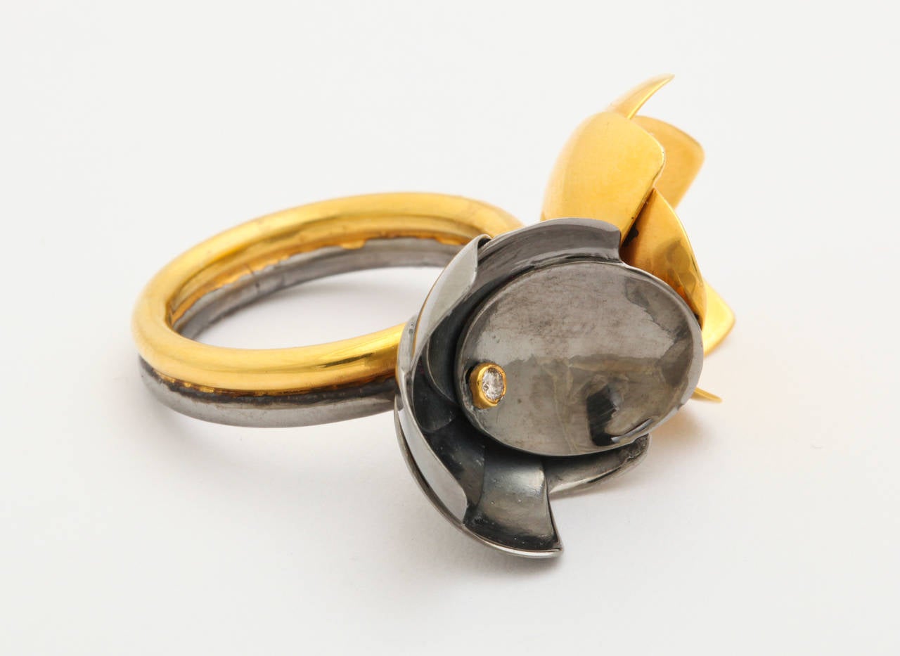 Women's Diamond Silver Gold Double Lotus Flower Ring