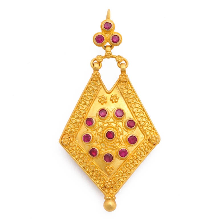 Anglo-Indian  Ruby Gold Shield Earrings