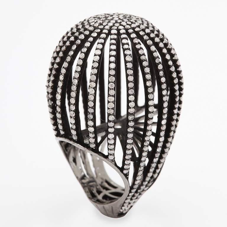Women's Diamond Silver Cage Ring For Sale